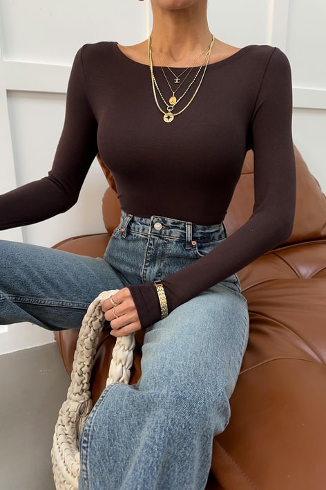 Kayık Yaka Basic Modal Bluz Acı Kahve