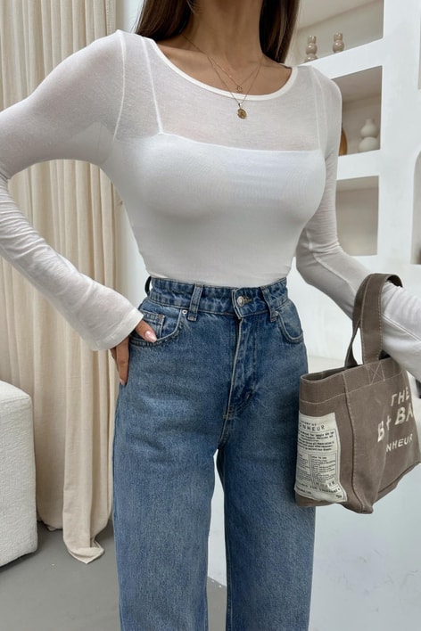 Kayık Yaka Kaşmir Body Ekru