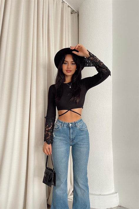 Kolu Dantelli Vintage Bluz Siyah