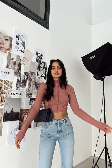 Korsaj Dik Yaka Bluz Gül Kurusu