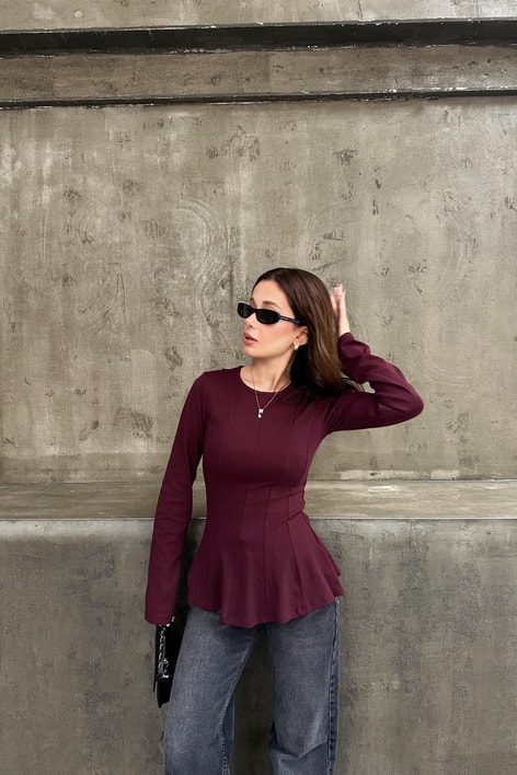 Kuplu Peplum Modal Body Bordo