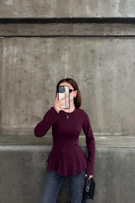 Kuplu Peplum Modal Body Bordo