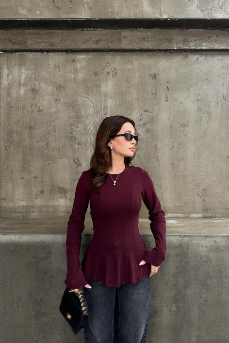 Kuplu Peplum Modal Body Bordo