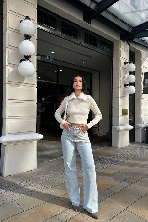 Kürk Yaka Fitilli Triko Bluz Krem