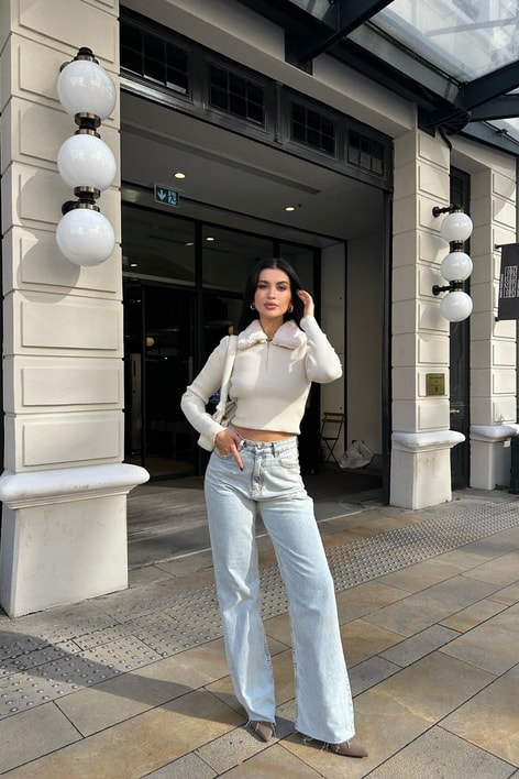 Kürk Yaka Fitilli Triko Bluz Krem