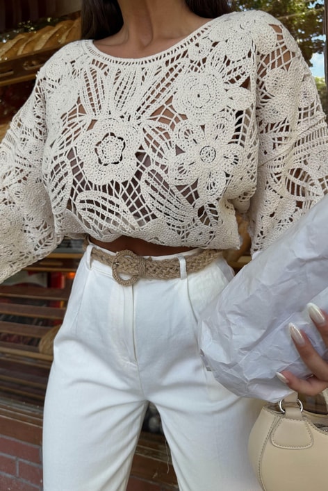 Large Kol Dantel Bluz Bej