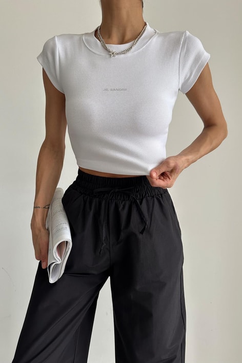 Minimal Sander Crop Bluz Beyaz