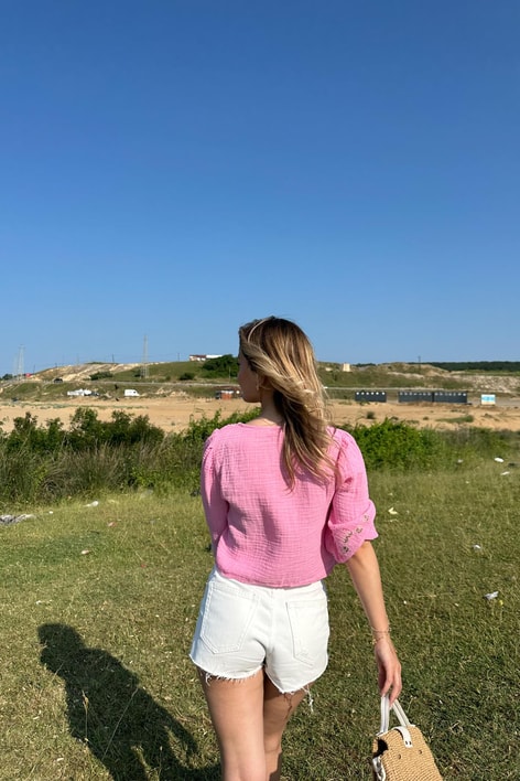 Müslin Kumaş Nakışlı Bluz Pembe