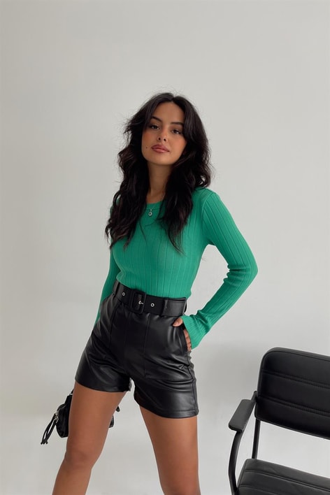 Nervürlü Triko Bluz Benetton Yeşili