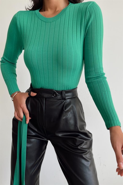 Nervürlü Triko Bluz Yeşil
