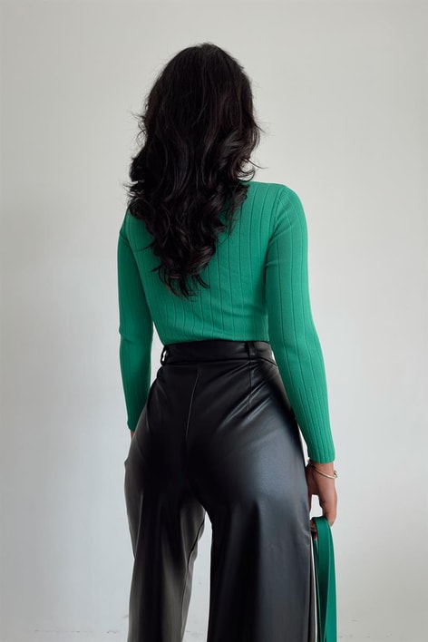 Nervürlü Triko Bluz Yeşil