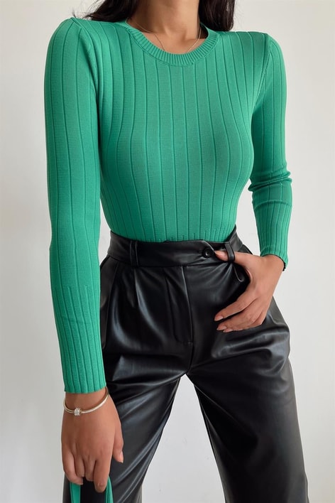 Nervürlü Triko Bluz Yeşil