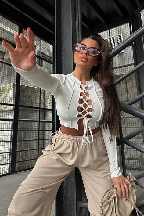 Ön Bağcıklı Korse Bluz Beyaz