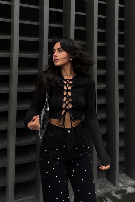 Ön Bağcıklı Korse Bluz Siyah