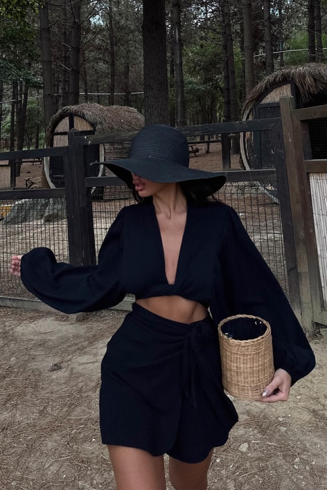 Ön Bağlamalı Keten Bluz Siyah