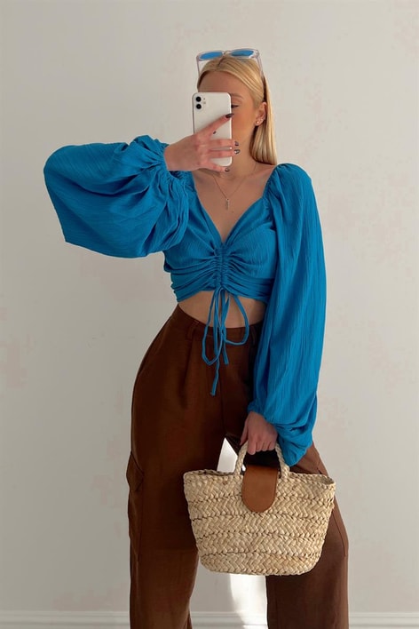 Ön Büzgülü Balon Kol Bluz Saks Mavisi