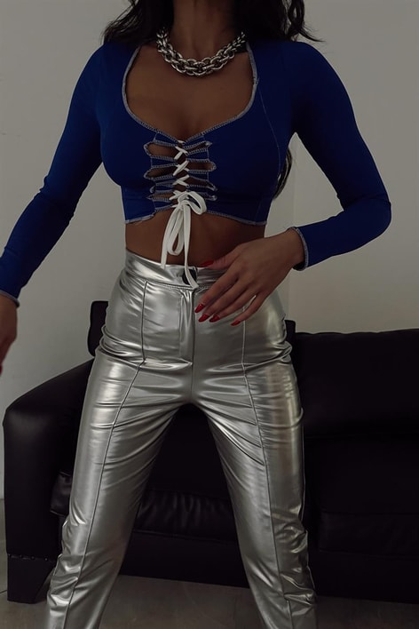 Patch Desenli Korsaj Bluz Saks Mavisi