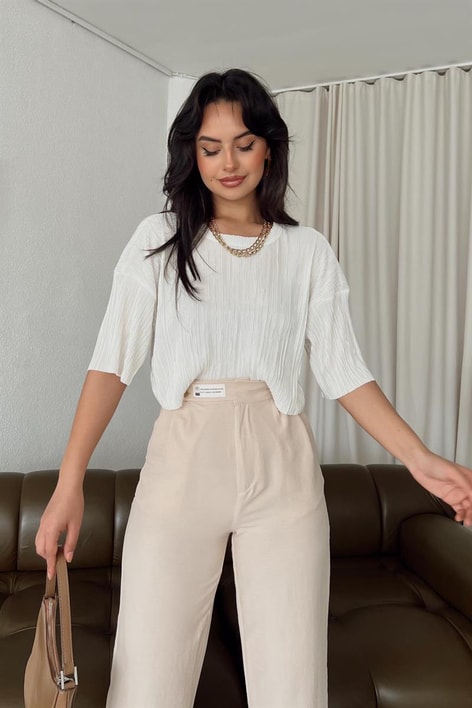 Piliseli Crop Bluz Ekru