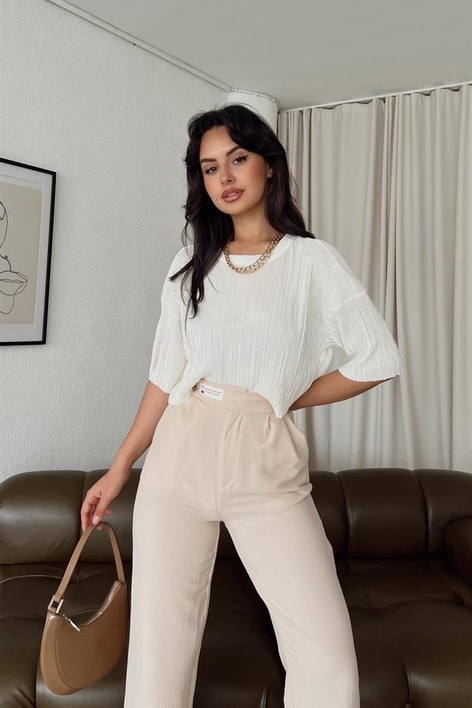 Piliseli Crop Bluz Ekru