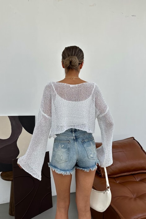 Pullu Beach Salaş Crop Beyaz
