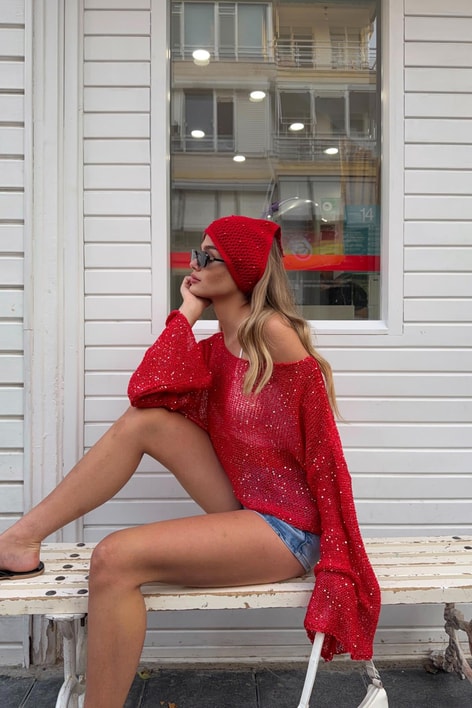 Pullu Beach Salaş Crop Kırmızı