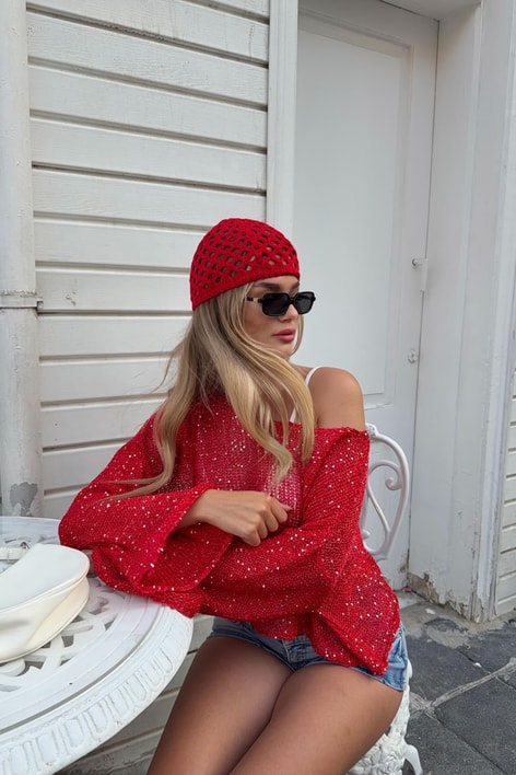 Pullu Beach Salaş Crop Kırmızı