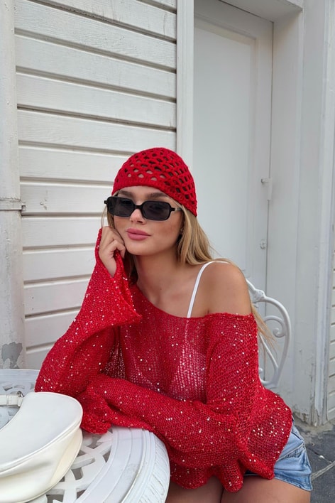 Pullu Beach Salaş Crop Kırmızı