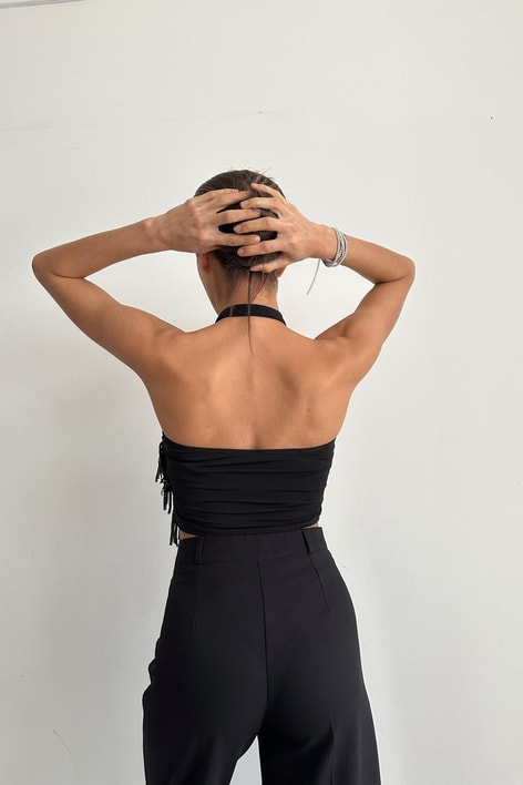 Püsküllü Crop Siyah