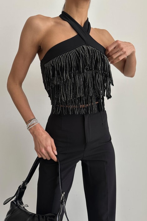 Püsküllü Crop Siyah