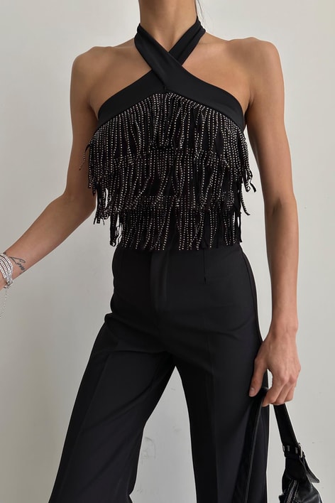 Püsküllü Crop Siyah