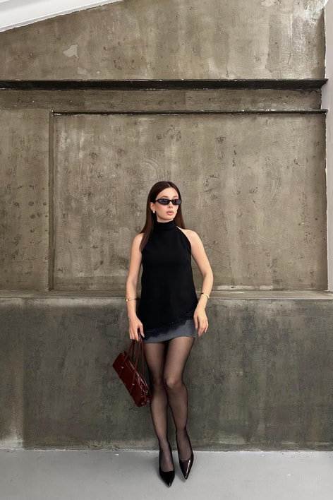 Scuba Asimetrik Dantel Detay Bluz Siyah