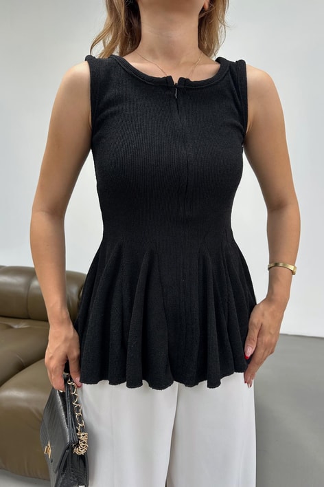 Sıfır Kol Volanlı Triko Bluz Siyah