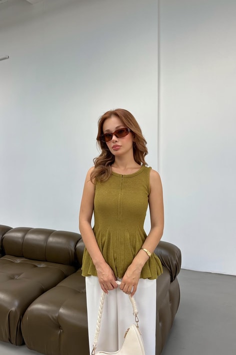 Sıfır Kol Volanlı Triko Bluz Yeşil