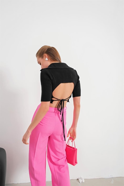 Sırt Dekolteli Örme Triko Bluz Siyah