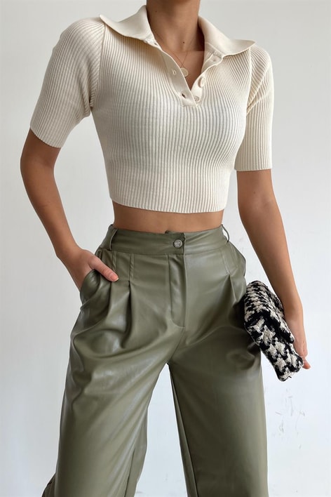 Sırt Dekolteli Örme Triko Bluz Taş