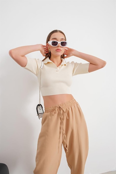 Sırt Dekolteli Örme Triko Bluz Taş