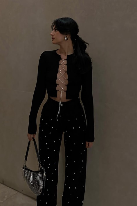 Su Yolu Taşlı Bağlamalı Bluz Siyah