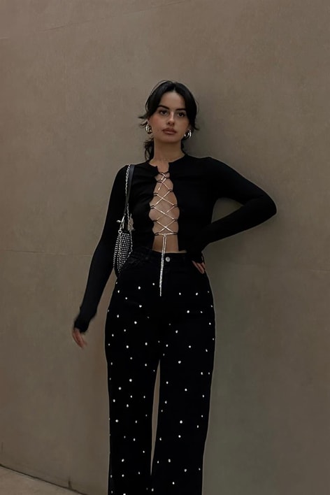 Su Yolu Taşlı Bağlamalı Bluz Siyah