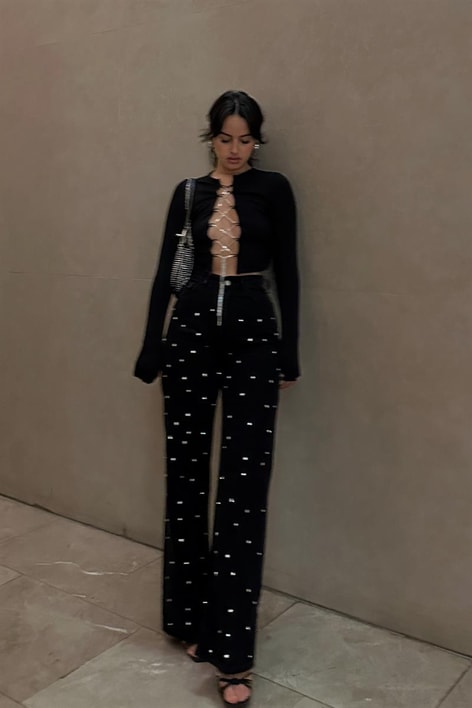 Su Yolu Taşlı Bağlamalı Bluz Siyah