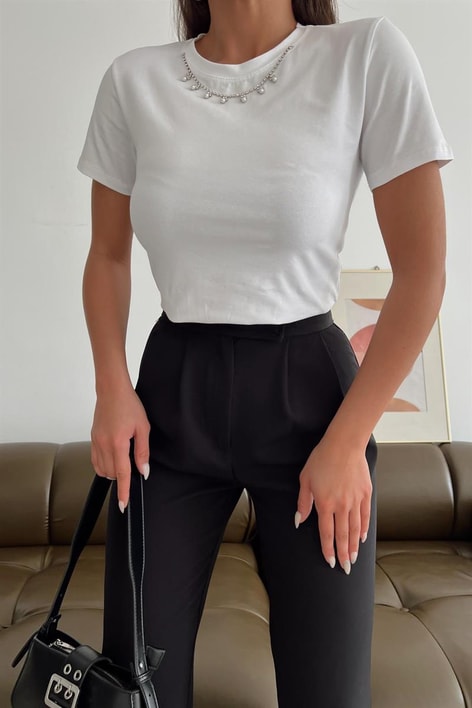 Taşlı Basic Bluz Beyaz