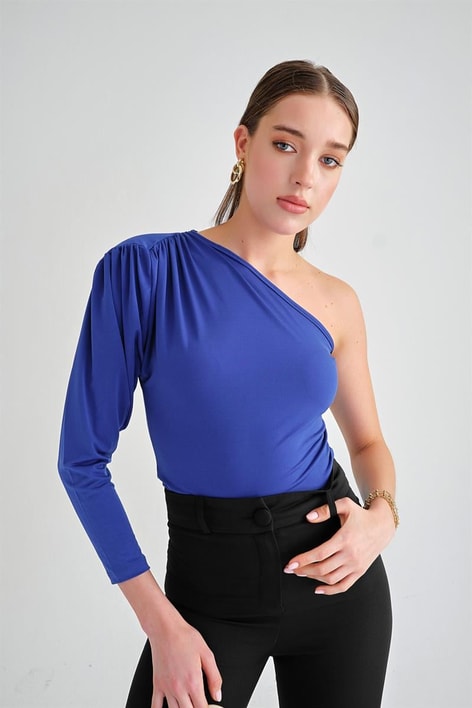 Tek Omuz Büzgülü Crop Bluz Saks Mavisi