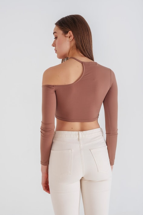 Tek Omuz Crop Bluz Camel