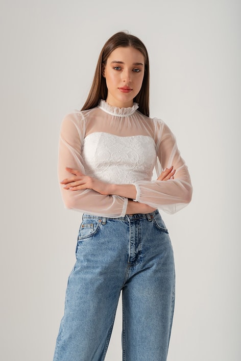 Transparan Vintage Bluz Beyaz