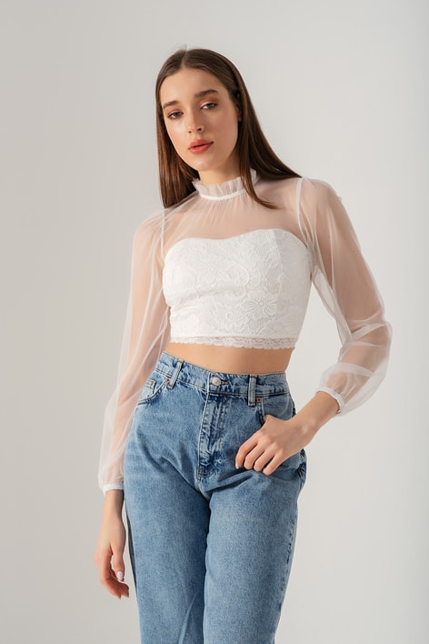 Transparan Vintage Bluz Beyaz