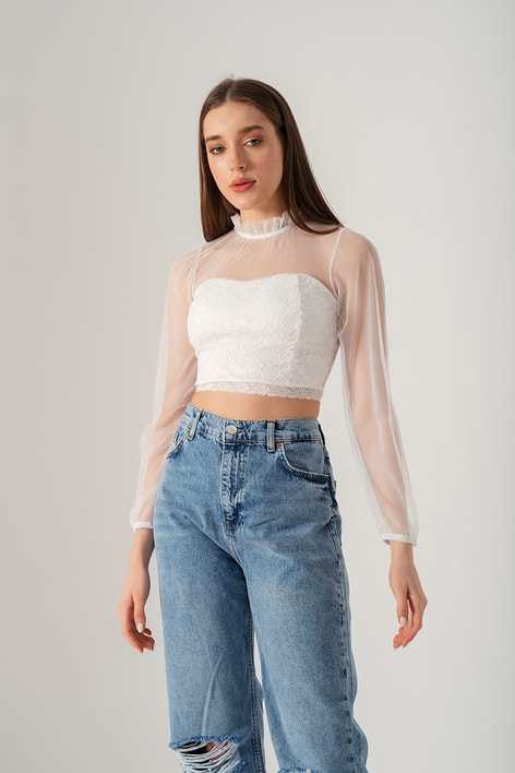 Transparan Vintage Bluz Beyaz
