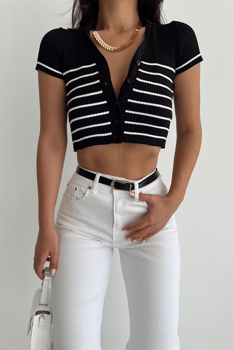 Triko Çizgi Detaylı Bluz Siyah