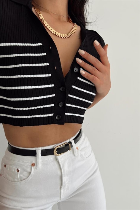 Triko Çizgi Detaylı Bluz Siyah