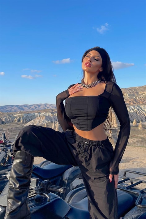 Tül Kol Kare Yaka  Bluz Siyah