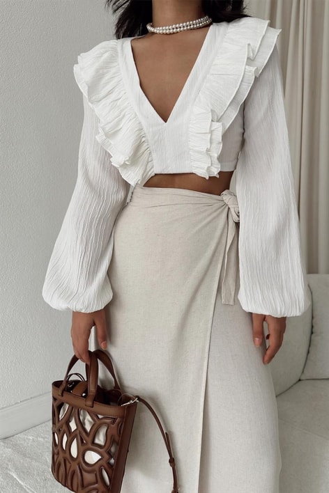 V Volanlı Freya Bluz Beyaz