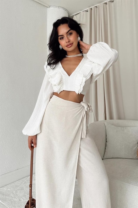V Volanlı Freya Bluz Beyaz